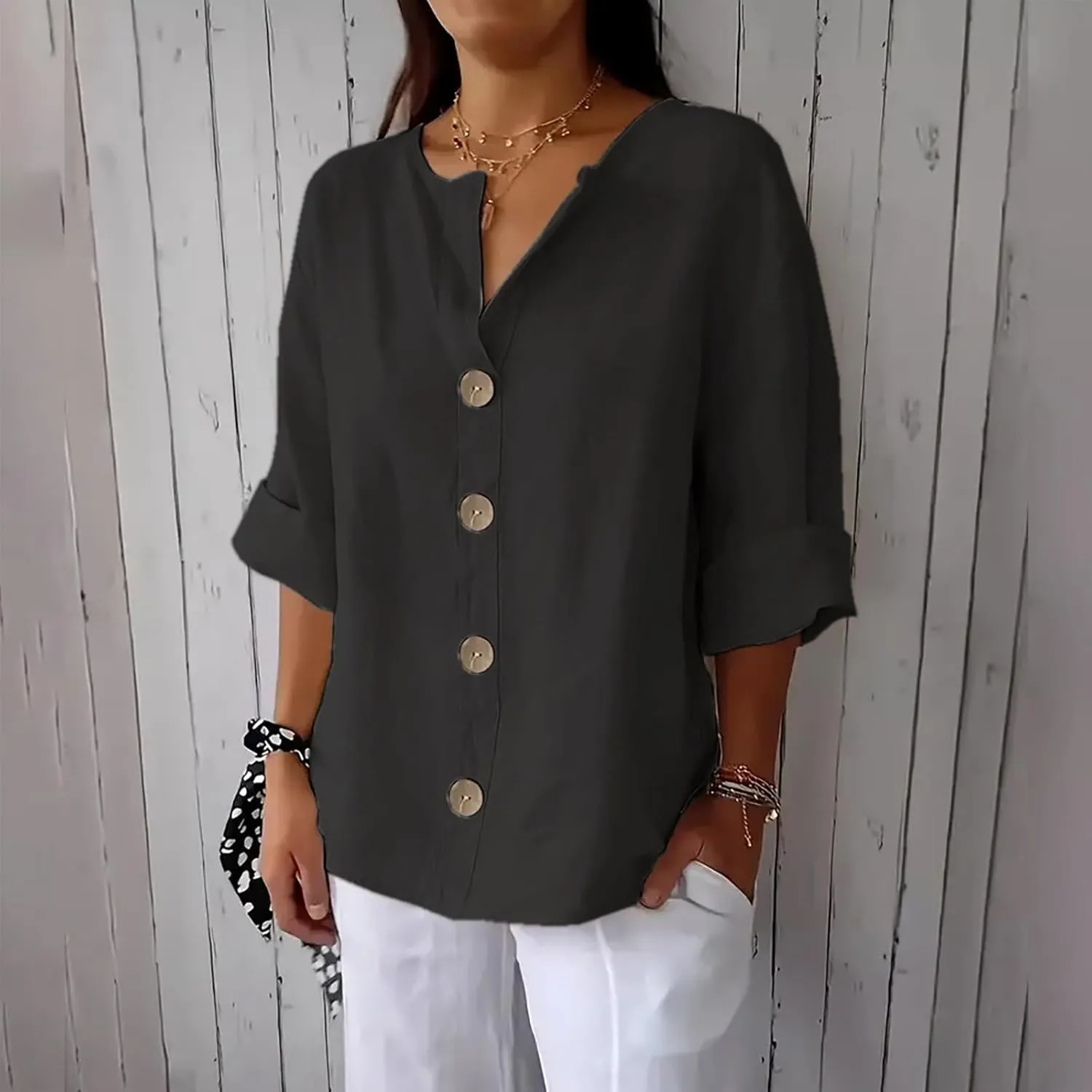 Linen Shirts for Women V Neck 3/4 Sleeve Tops Casual Shirts Basic Summer Tees Lightweight Loose Fit Button up Blouses