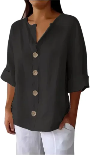 Linen Shirts for Women V Neck 3/4 Sleeve Tops Casual Shirts Basic Summer Tees Lightweight Loose Fit Button up Blouses