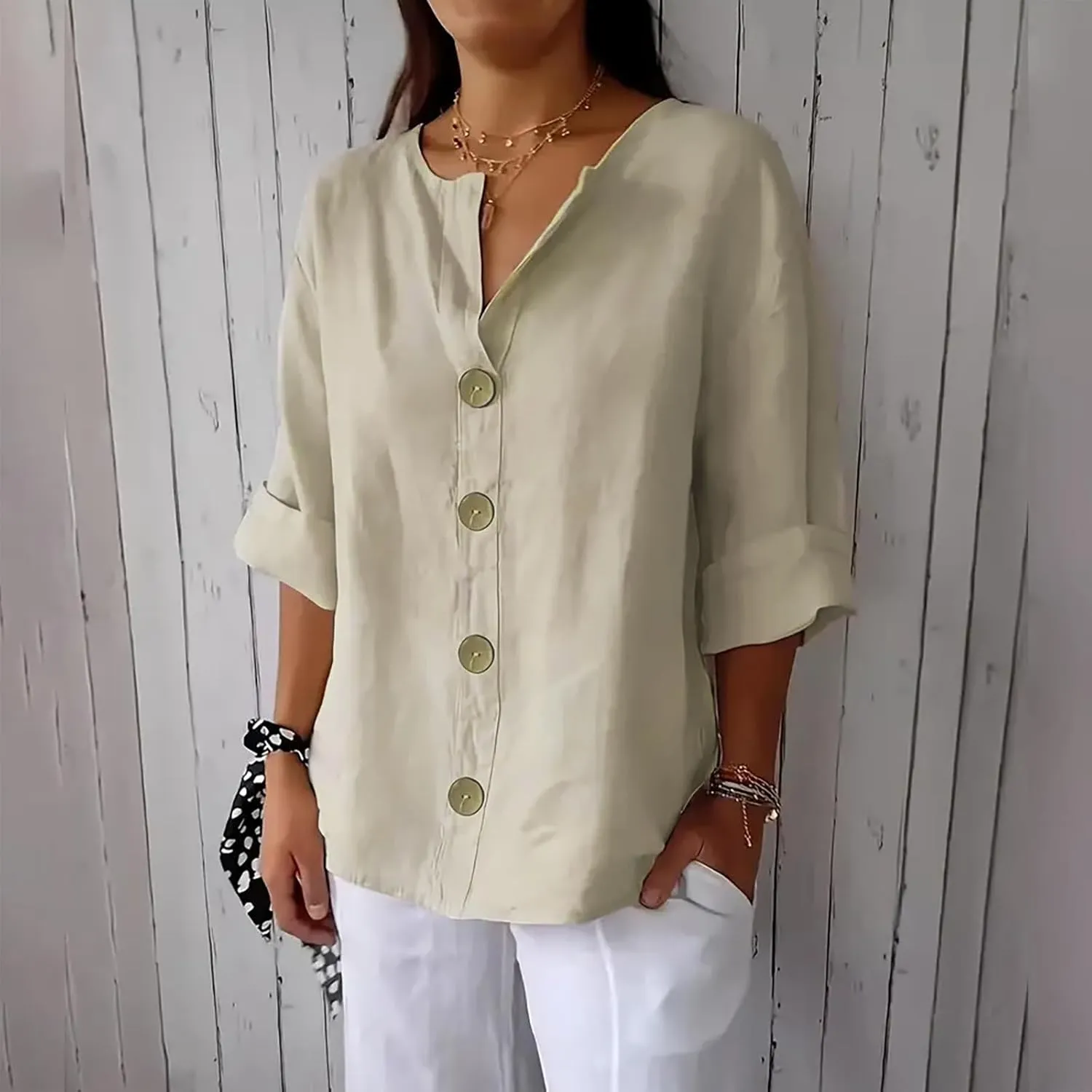 Linen Shirts for Women V Neck 3/4 Sleeve Tops Casual Shirts Basic Summer Tees Lightweight Loose Fit Button up Blouses