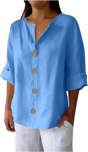 Linen Shirts for Women V Neck 3/4 Sleeve Tops Casual Shirts Basic Summer Tees Lightweight Loose Fit Button up Blouses