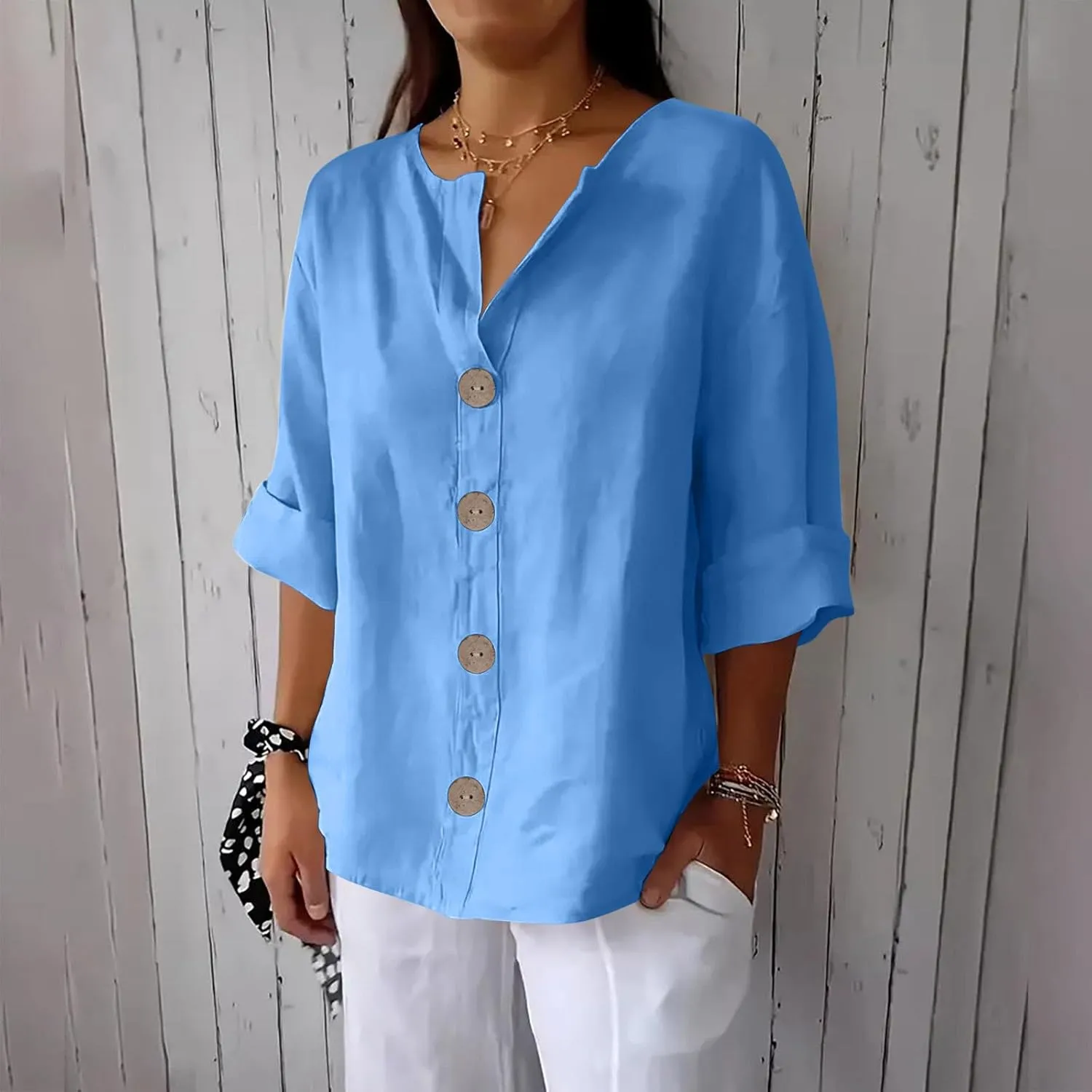 Linen Shirts for Women V Neck 3/4 Sleeve Tops Casual Shirts Basic Summer Tees Lightweight Loose Fit Button up Blouses
