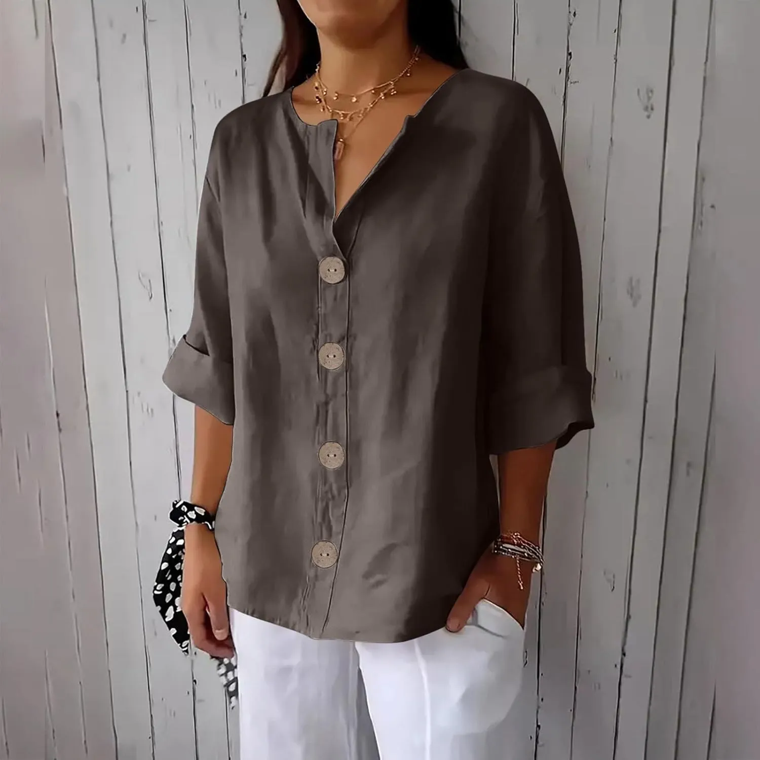 Linen Shirts for Women V Neck 3/4 Sleeve Tops Casual Shirts Basic Summer Tees Lightweight Loose Fit Button up Blouses