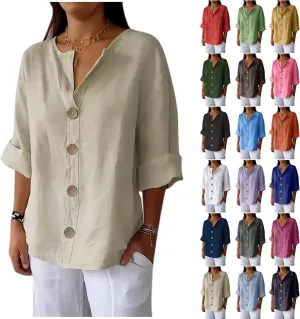 Linen Shirts for Women V Neck 3/4 Sleeve Tops Casual Shirts Basic Summer Tees Lightweight Loose Fit Button up Blouses