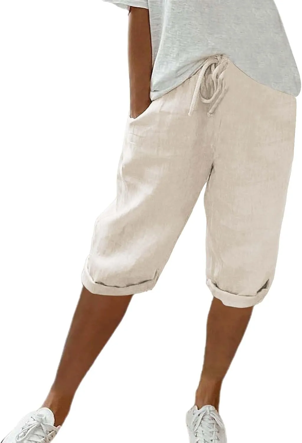 Linen Shorts for Women Knee Length Bermuda Shorts Drawstring Elastic Waist Shorts Casual Athletic Shorts Beach Shorts