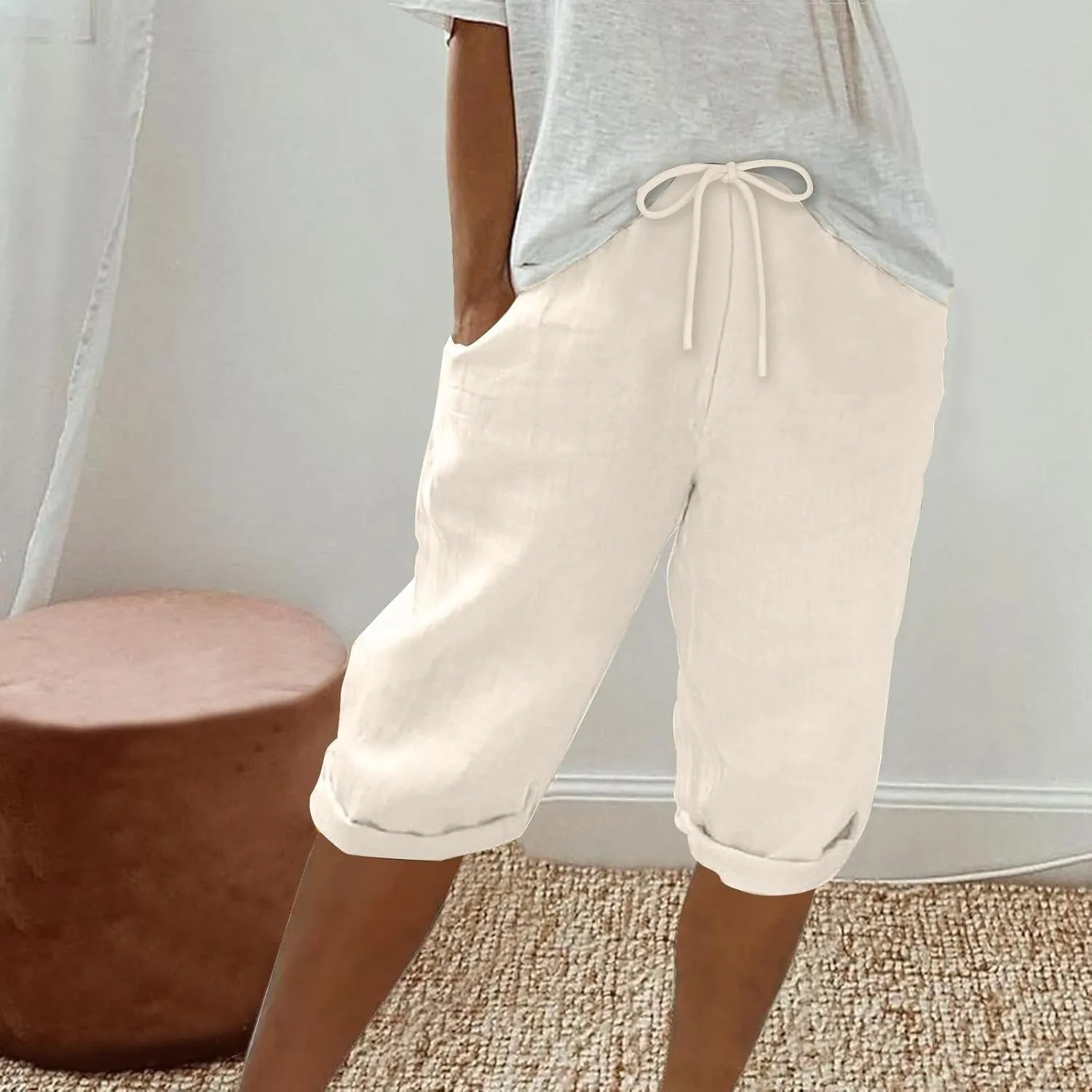 Linen Shorts for Women Knee Length Bermuda Shorts Drawstring Elastic Waist Shorts Casual Athletic Shorts Beach Shorts