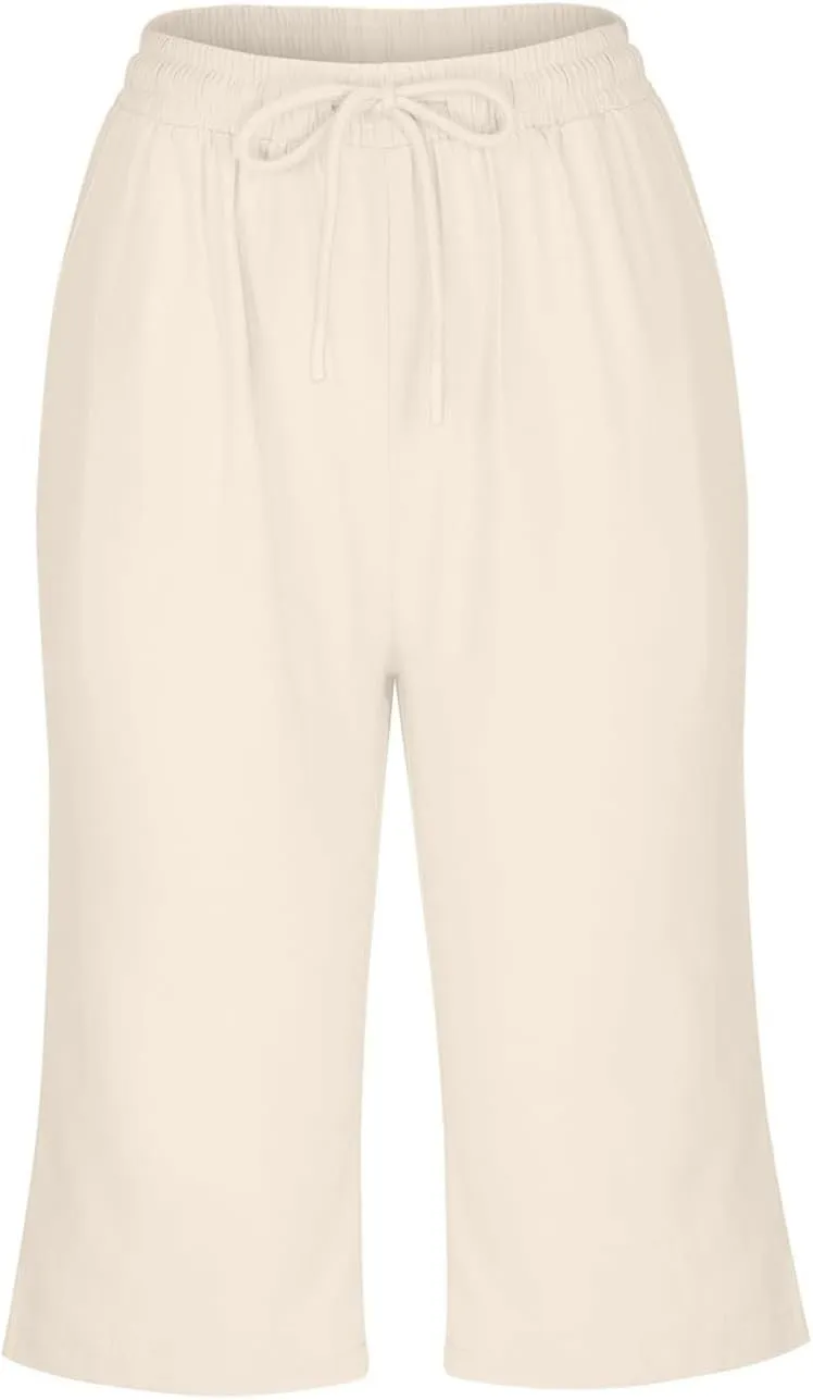 Linen Shorts for Women Knee Length Bermuda Shorts Drawstring Elastic Waist Shorts Casual Athletic Shorts Beach Shorts