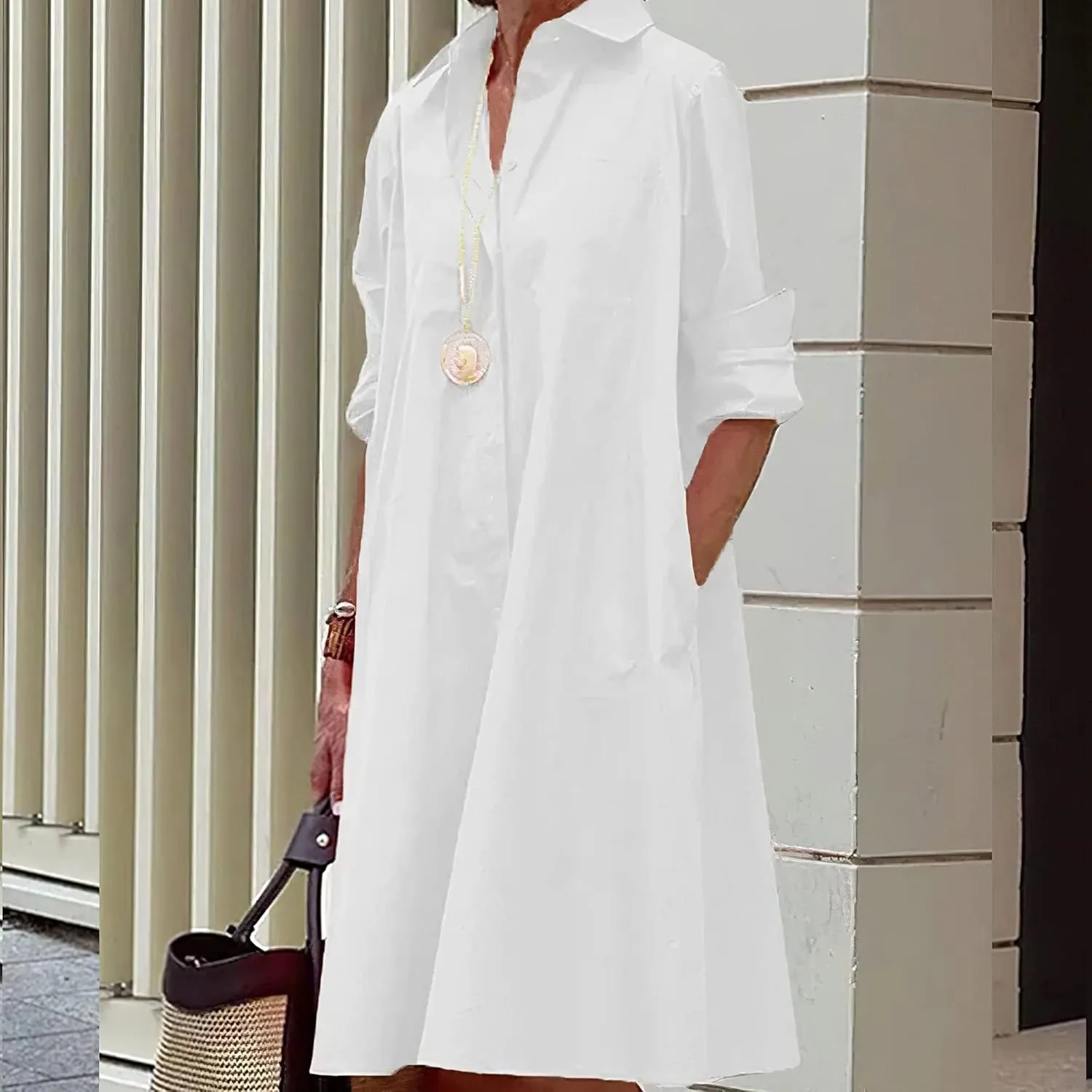 LOAIHA Women's Long Sleeve Button Down Shirt Dress Cotton Linen V Neck Loose Fit Casual Shirt Dresses with Pockets