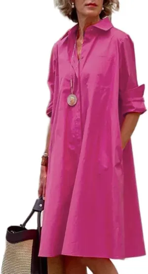 LOAIHA Women's Long Sleeve Button Down Shirt Dress Cotton Linen V Neck Loose Fit Casual Shirt Dresses with Pockets
