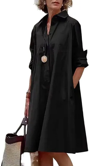 LOAIHA Women's Long Sleeve Button Down Shirt Dress Cotton Linen V Neck Loose Fit Casual Shirt Dresses with Pockets