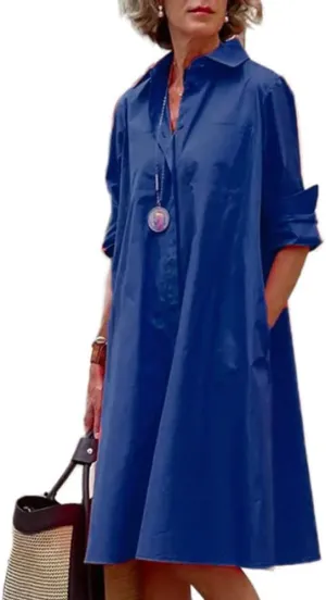 LOAIHA Women's Long Sleeve Button Down Shirt Dress Cotton Linen V Neck Loose Fit Casual Shirt Dresses with Pockets