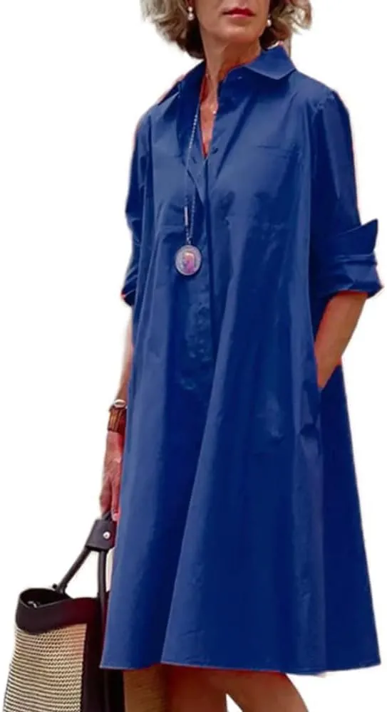 LOAIHA Women's Long Sleeve Button Down Shirt Dress Cotton Linen V Neck Loose Fit Casual Shirt Dresses with Pockets