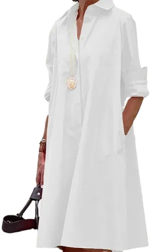 LOAIHA Women's Long Sleeve Button Down Shirt Dress Cotton Linen V Neck Loose Fit Casual Shirt Dresses with Pockets