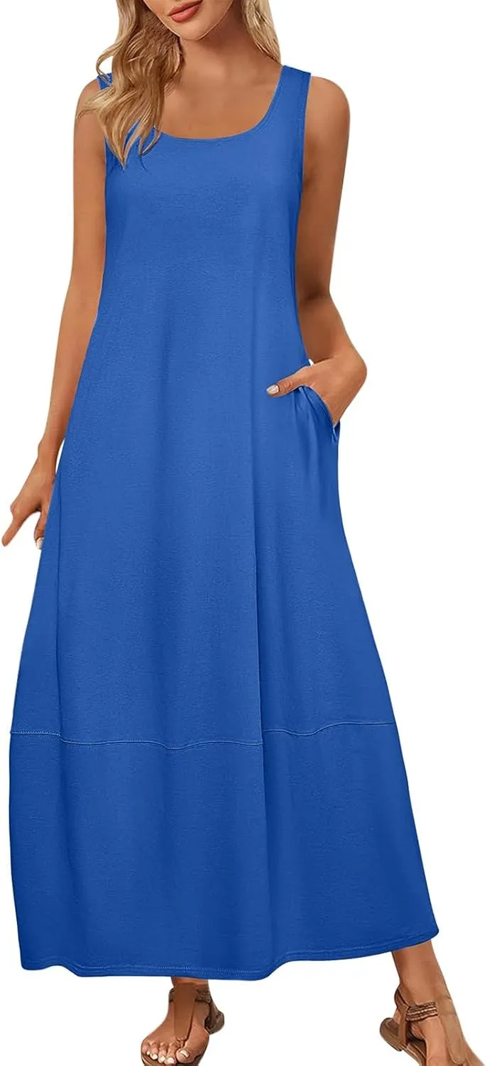 Maternity Womens Flowy Tank Dress Maxi Length Pregnancy Dress with Pocket Breathable A-line Maternity Sundress