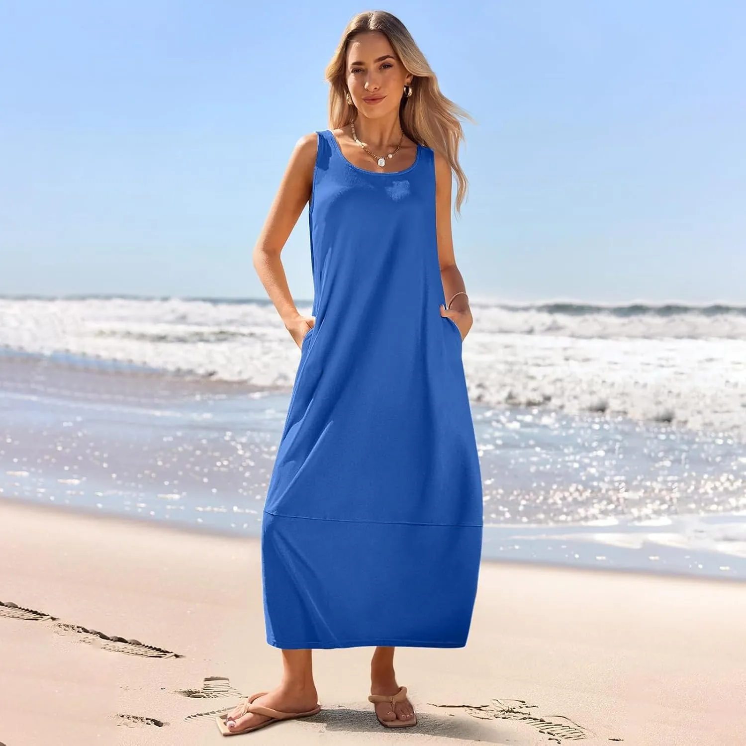 Maternity Womens Flowy Tank Dress Maxi Length Pregnancy Dress with Pocket Breathable A-line Maternity Sundress