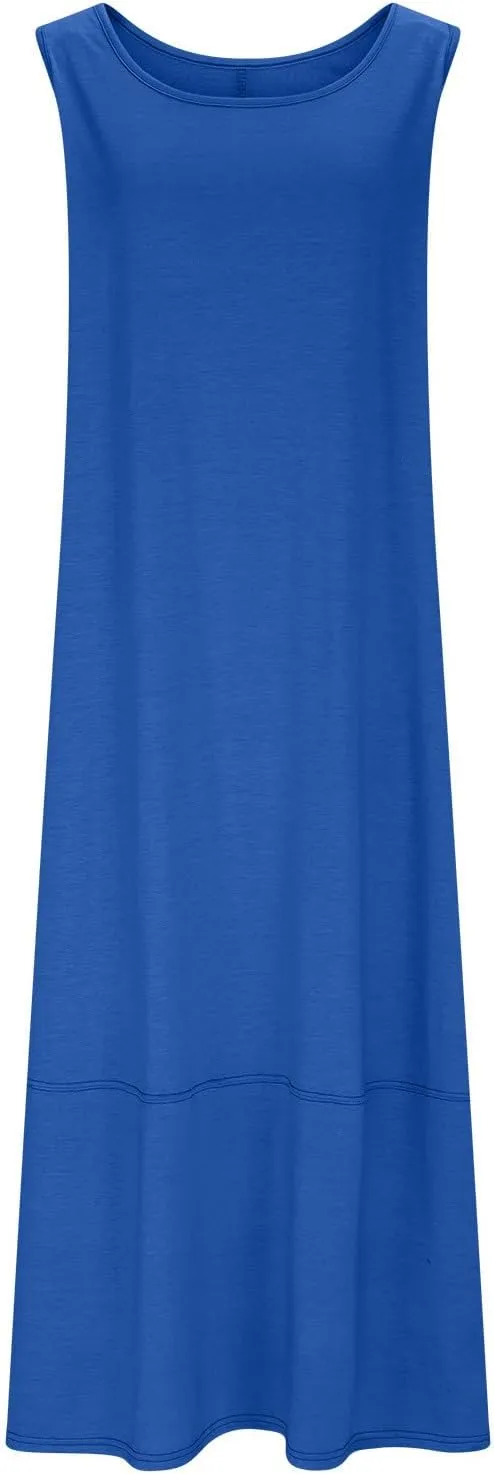 Maternity Womens Flowy Tank Dress Maxi Length Pregnancy Dress with Pocket Breathable A-line Maternity Sundress
