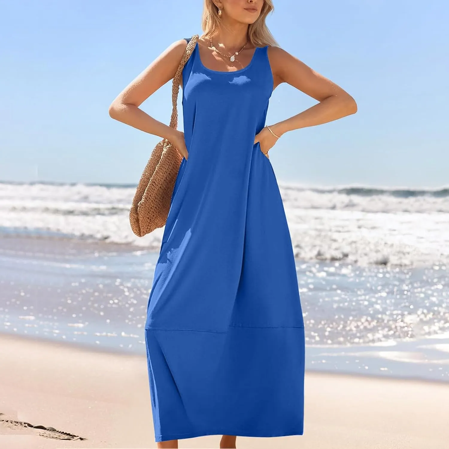 Maternity Womens Flowy Tank Dress Maxi Length Pregnancy Dress with Pocket Breathable A-line Maternity Sundress