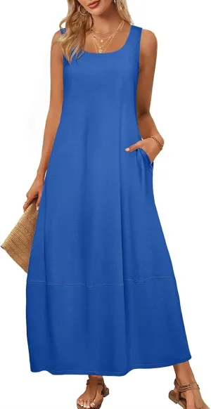 Maternity Womens Flowy Tank Dress Maxi Length Pregnancy Dress with Pocket Breathable A-line Maternity Sundress