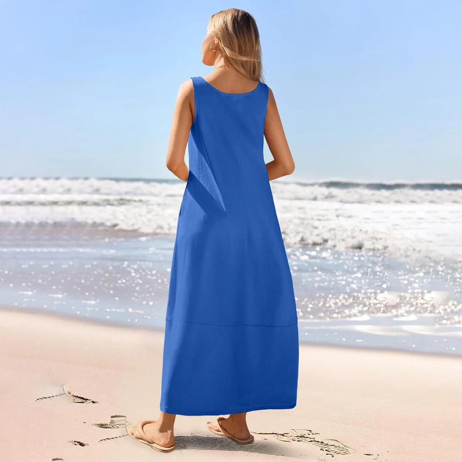 Maternity Womens Flowy Tank Dress Maxi Length Pregnancy Dress with Pocket Breathable A-line Maternity Sundress