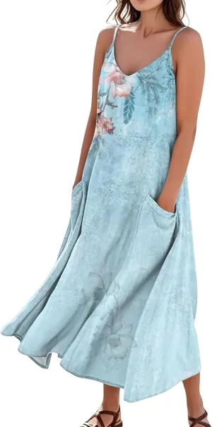 Maxi Dresses for Women 2025 Summer Loose Fit Beach Vacation Dress Sleeveless O Neck Sundress Casual Tank Dress with Pockets