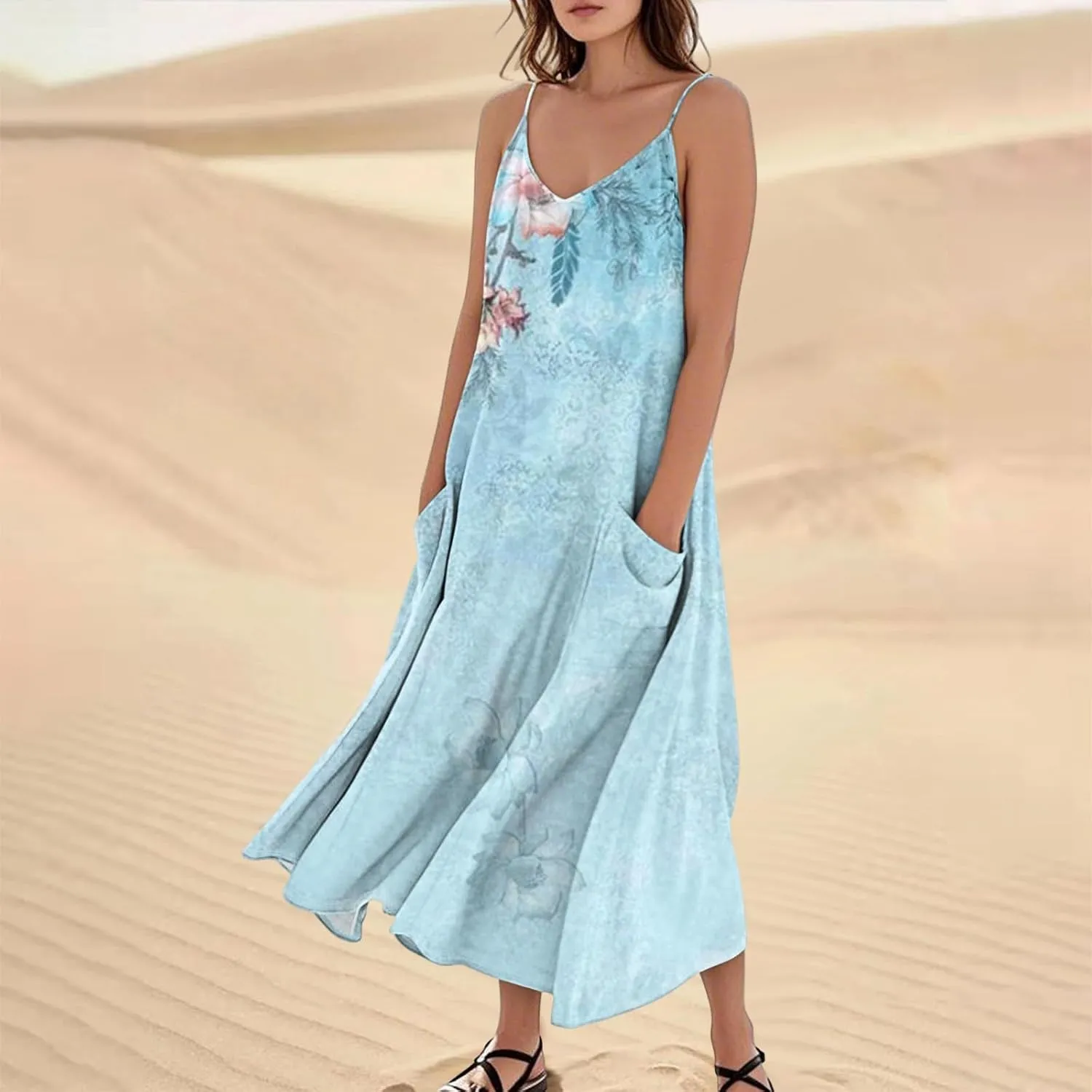 Maxi Dresses for Women 2025 Summer Loose Fit Beach Vacation Dress Sleeveless O Neck Sundress Casual Tank Dress with Pockets