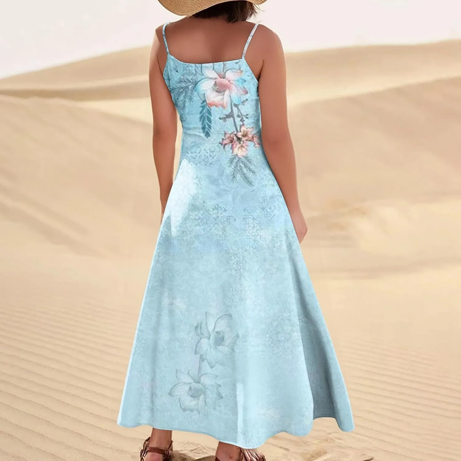 Maxi Dresses for Women 2025 Summer Loose Fit Beach Vacation Dress Sleeveless O Neck Sundress Casual Tank Dress with Pockets