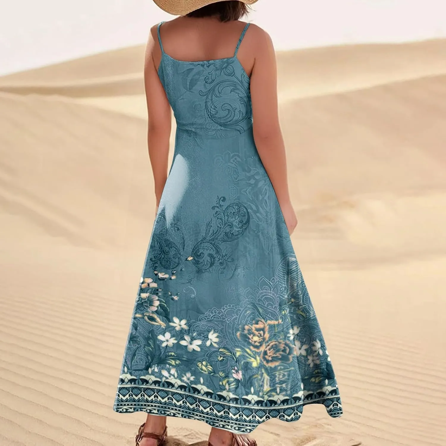 Maxi Dresses for Women 2025 Summer Loose Fit Beach Vacation Dress Sleeveless O Neck Sundress Casual Tank Dress with Pockets