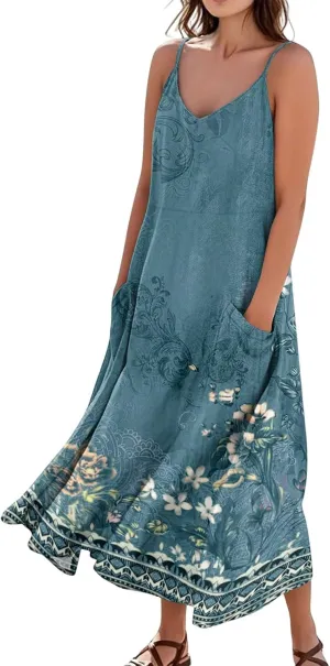 Maxi Dresses for Women 2025 Summer Loose Fit Beach Vacation Dress Sleeveless O Neck Sundress Casual Tank Dress with Pockets