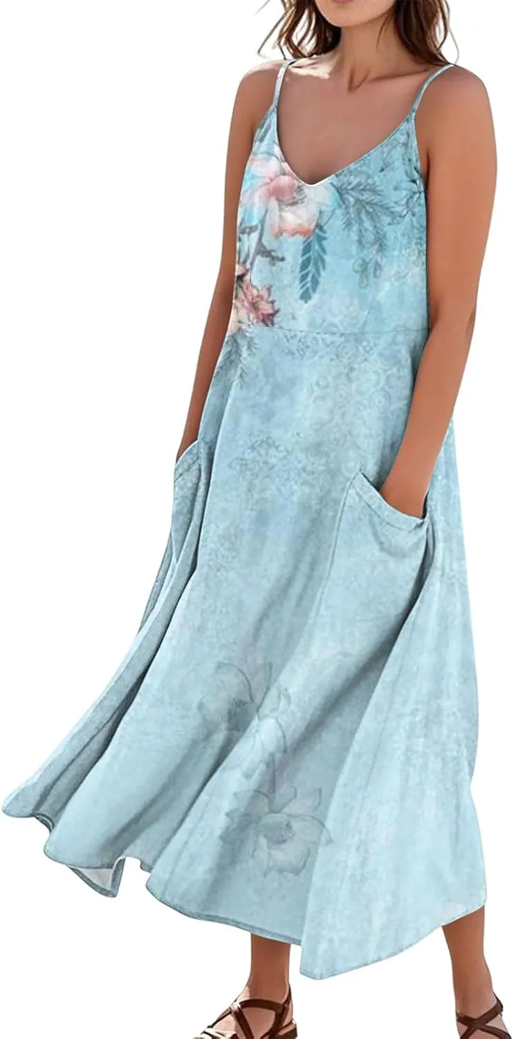 Maxi Dresses for Women 2025 Summer Loose Fit Beach Vacation Dress Sleeveless O Neck Sundress Casual Tank Dress with Pockets