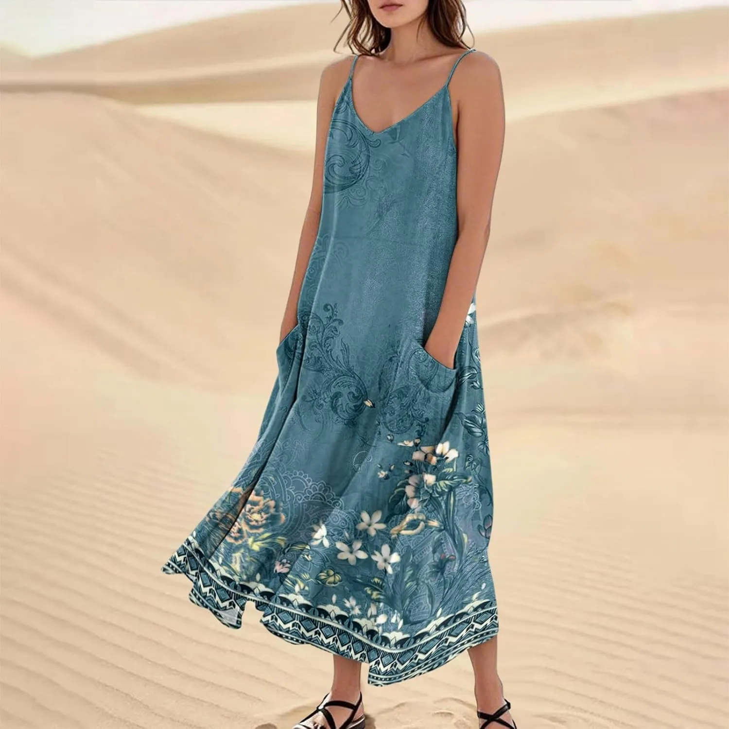 Maxi Dresses for Women 2025 Summer Loose Fit Beach Vacation Dress Sleeveless O Neck Sundress Casual Tank Dress with Pockets