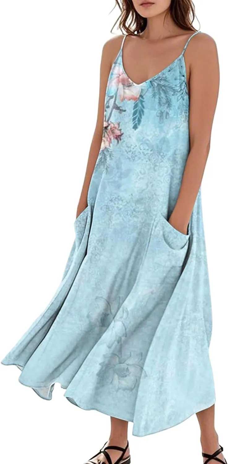 Maxi Dresses for Women 2025 Summer Loose Fit Beach Vacation Dress Sleeveless O Neck Sundress Casual Tank Dress with Pockets
