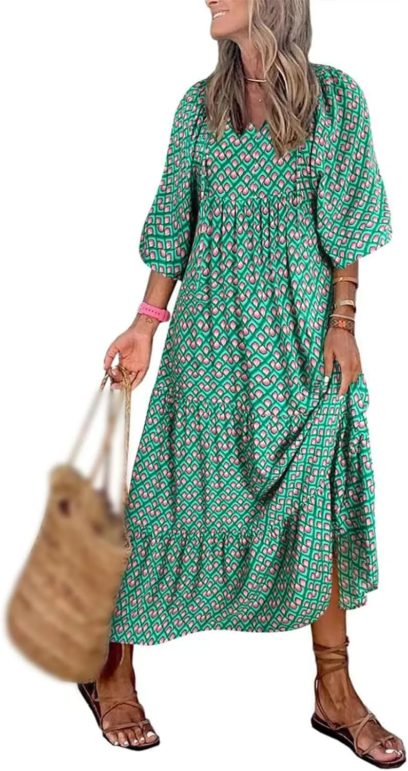 Maxi Dresses for Women Summer V Neck Puff Sleeve Floral Flowy Swing Long Dresses Casual Loose Fit Bohemian Beach Dress