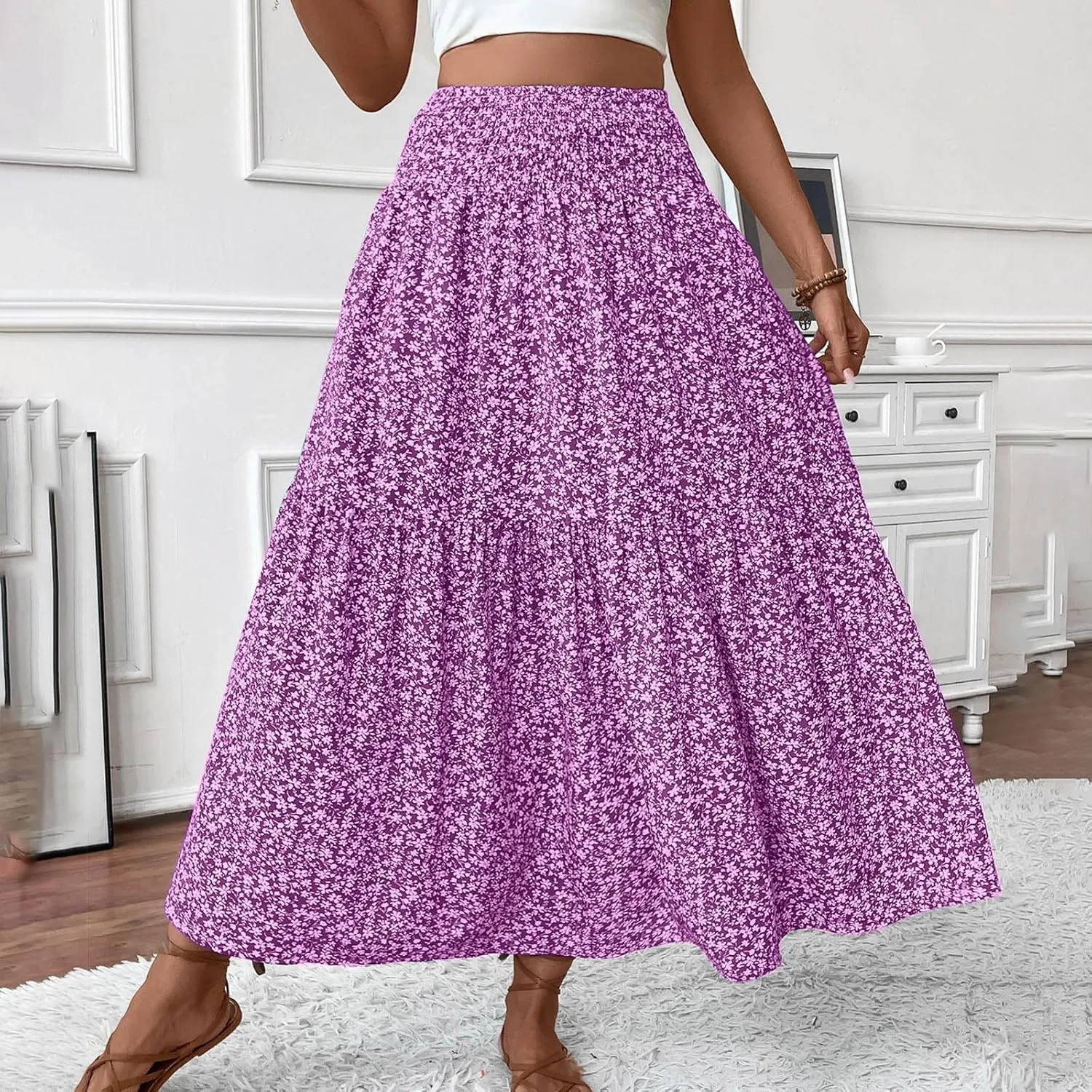 Maxi Skirts for Women 2025 Floral Print Boho Skirt High Waisted Summer Long Skirt Trendy Tiered Flowy Skirts