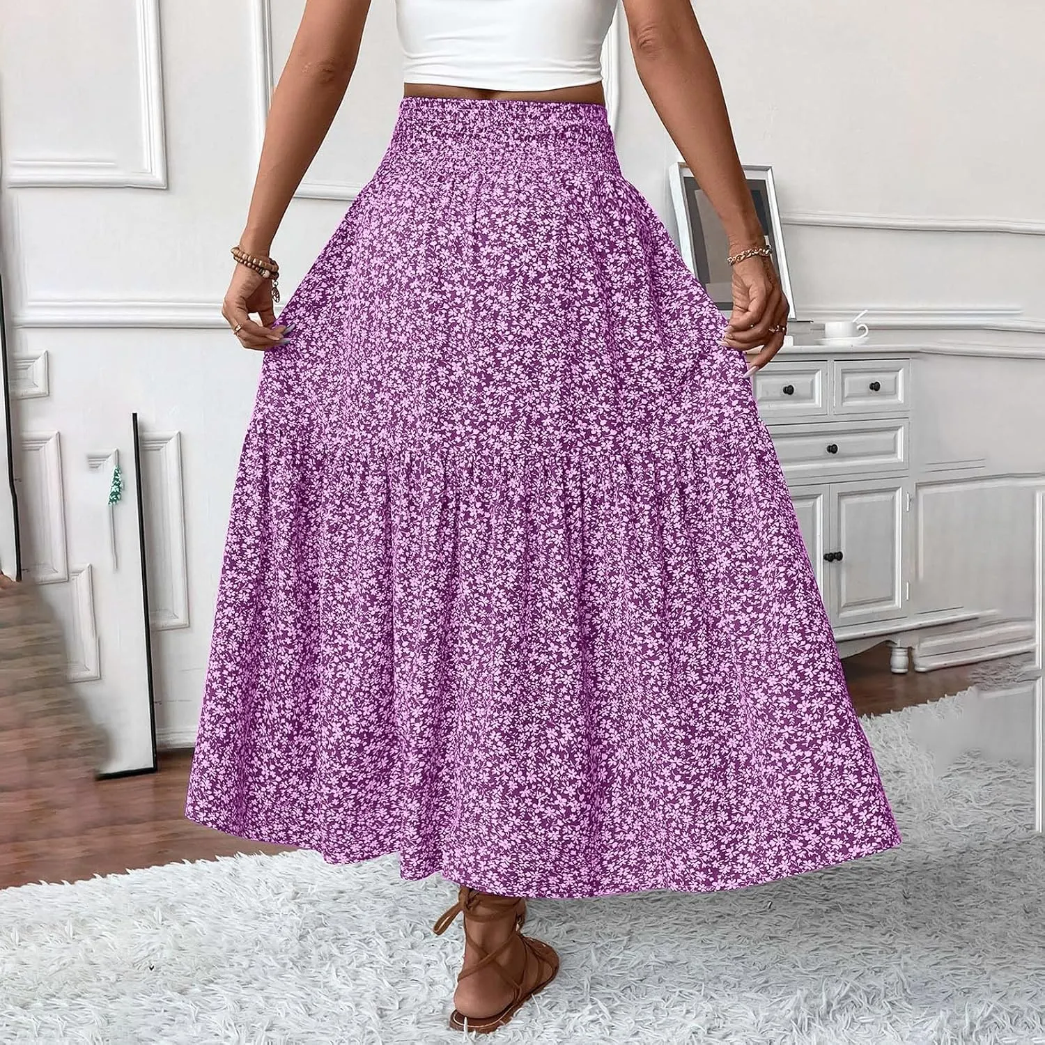 Maxi Skirts for Women 2025 Floral Print Boho Skirt High Waisted Summer Long Skirt Trendy Tiered Flowy Skirts