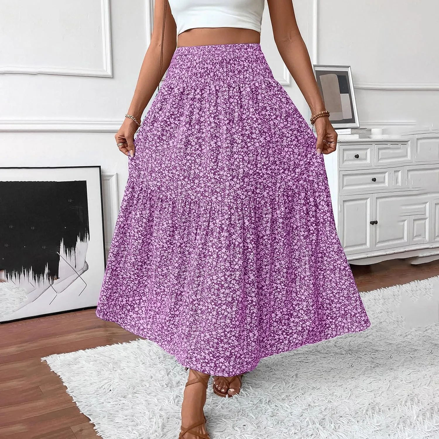 Maxi Skirts for Women 2025 Floral Print Boho Skirt High Waisted Summer Long Skirt Trendy Tiered Flowy Skirts