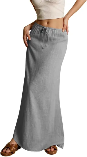 Maxi Skirts for Women Cotton Linen Maxi Summer Comfy Drawstring Low Waist Skirts Long Flowy Vacation Bohemian