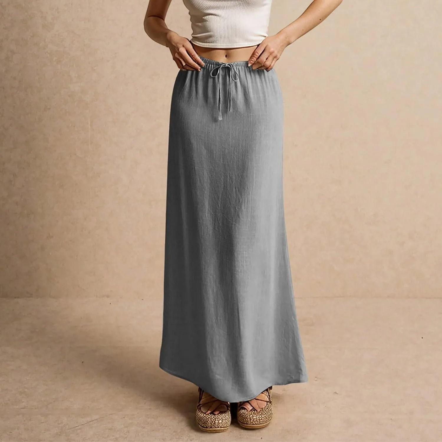 Maxi Skirts for Women Cotton Linen Maxi Summer Comfy Drawstring Low Waist Skirts Long Flowy Vacation Bohemian