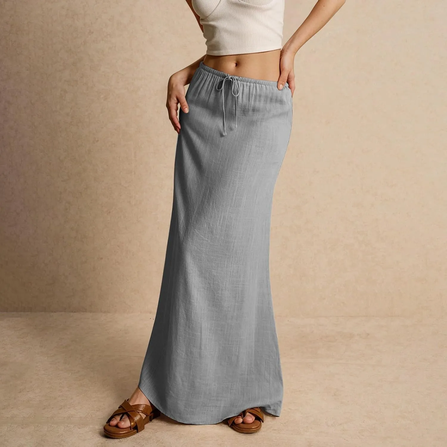 Maxi Skirts for Women Cotton Linen Maxi Summer Comfy Drawstring Low Waist Skirts Long Flowy Vacation Bohemian