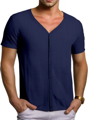 Men Viscose Pajama Top Button Up for Sleep, or Casual V Neck Short Sleeve, Breathable Summer Cardigan Style