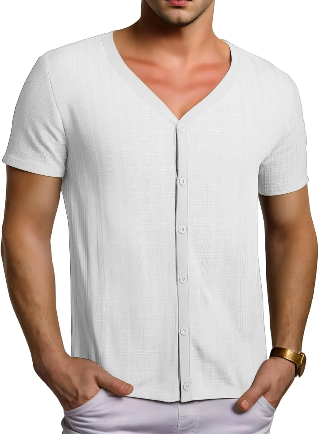 Men Viscose Pajama Top Button Up for Sleep, or Casual V Neck Short Sleeve, Breathable Summer Cardigan Style