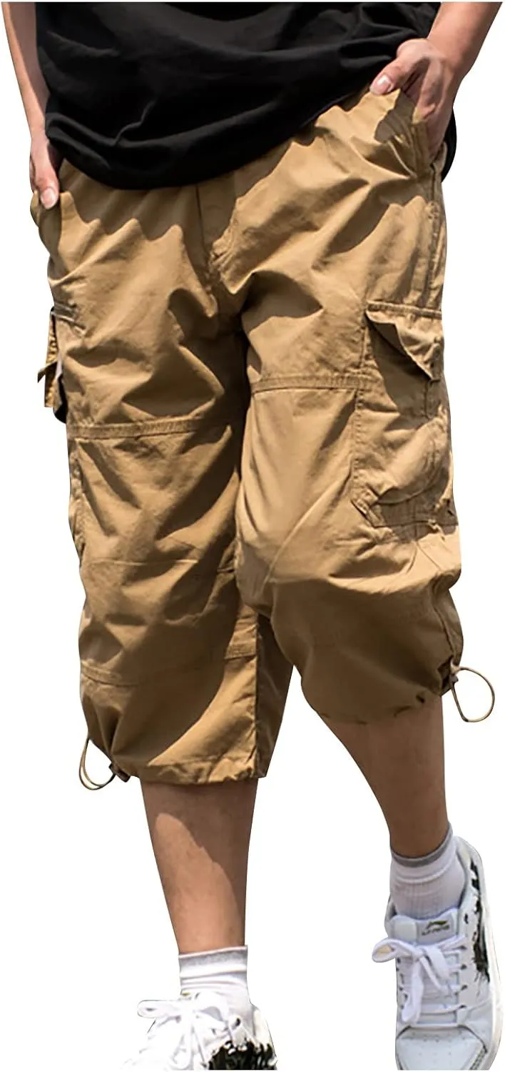 Men's Cotton Blend Shorts 3/4 Cargo Shorts with Multi Pockets Capri Pants for Men Below Knee Work Shorts for Men