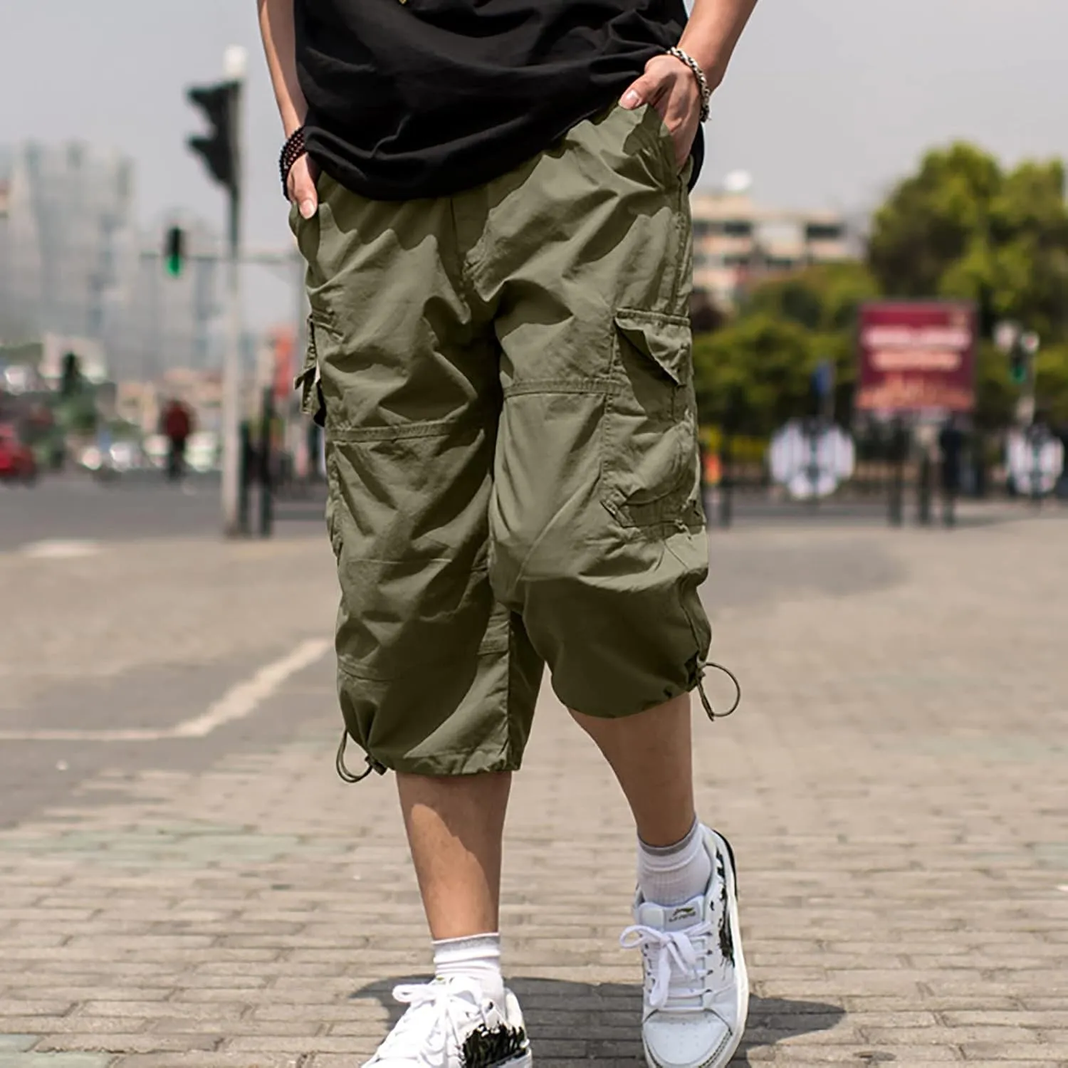 Men's Cotton Blend Shorts 3/4 Cargo Shorts with Multi Pockets Capri Pants for Men Below Knee Work Shorts for Men