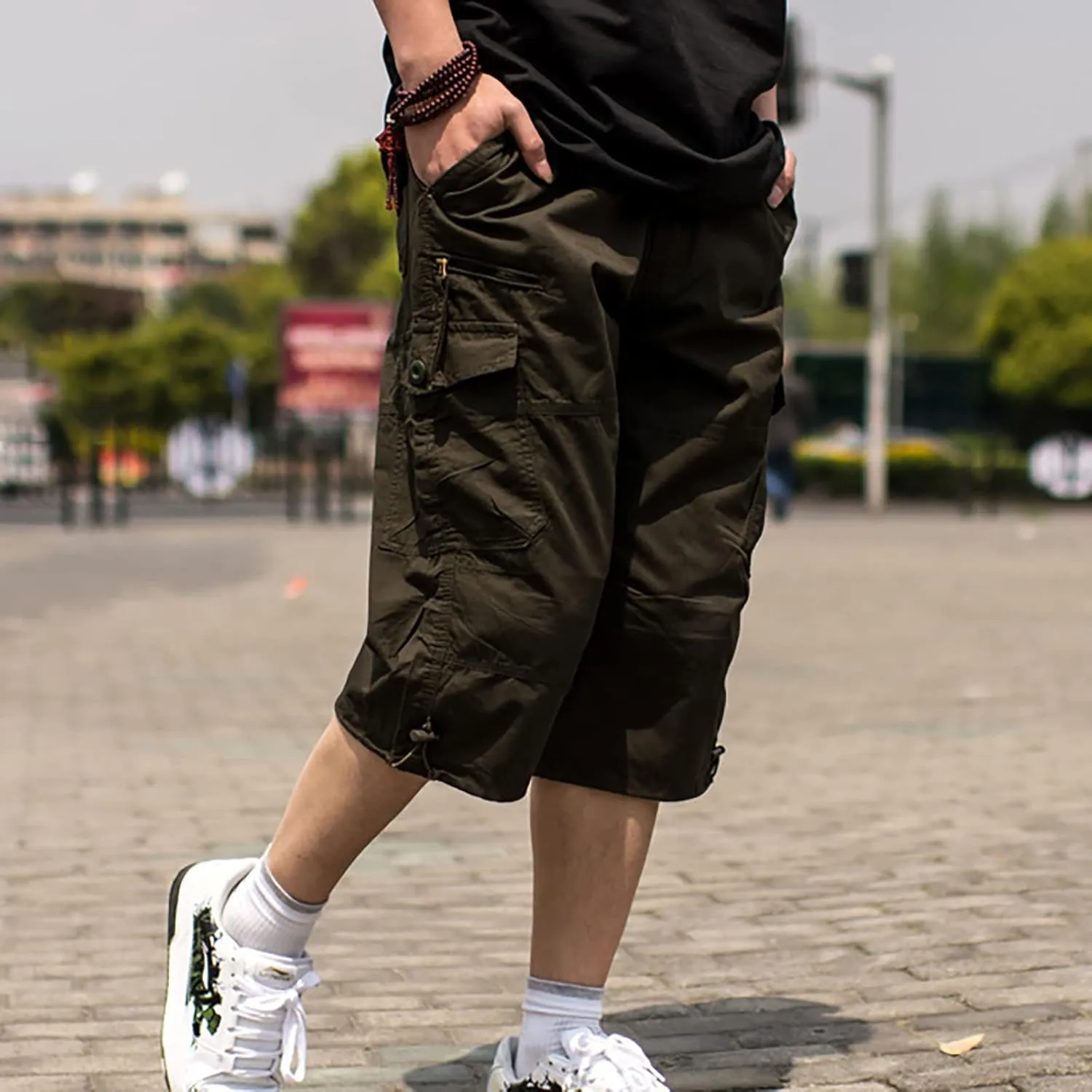 Men's Cotton Blend Shorts 3/4 Cargo Shorts with Multi Pockets Capri Pants for Men Below Knee Work Shorts for Men