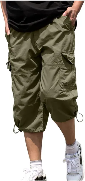 Men's Cotton Blend Shorts 3/4 Cargo Shorts with Multi Pockets Capri Pants for Men Below Knee Work Shorts for Men