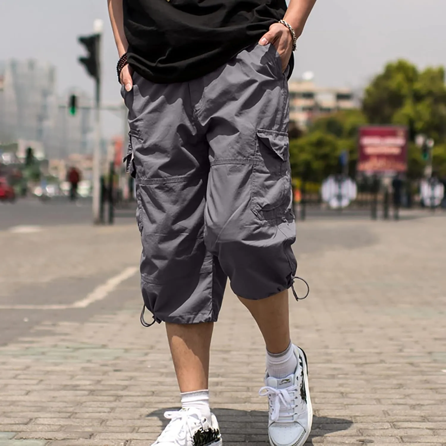 Men's Cotton Blend Shorts 3/4 Cargo Shorts with Multi Pockets Capri Pants for Men Below Knee Work Shorts for Men