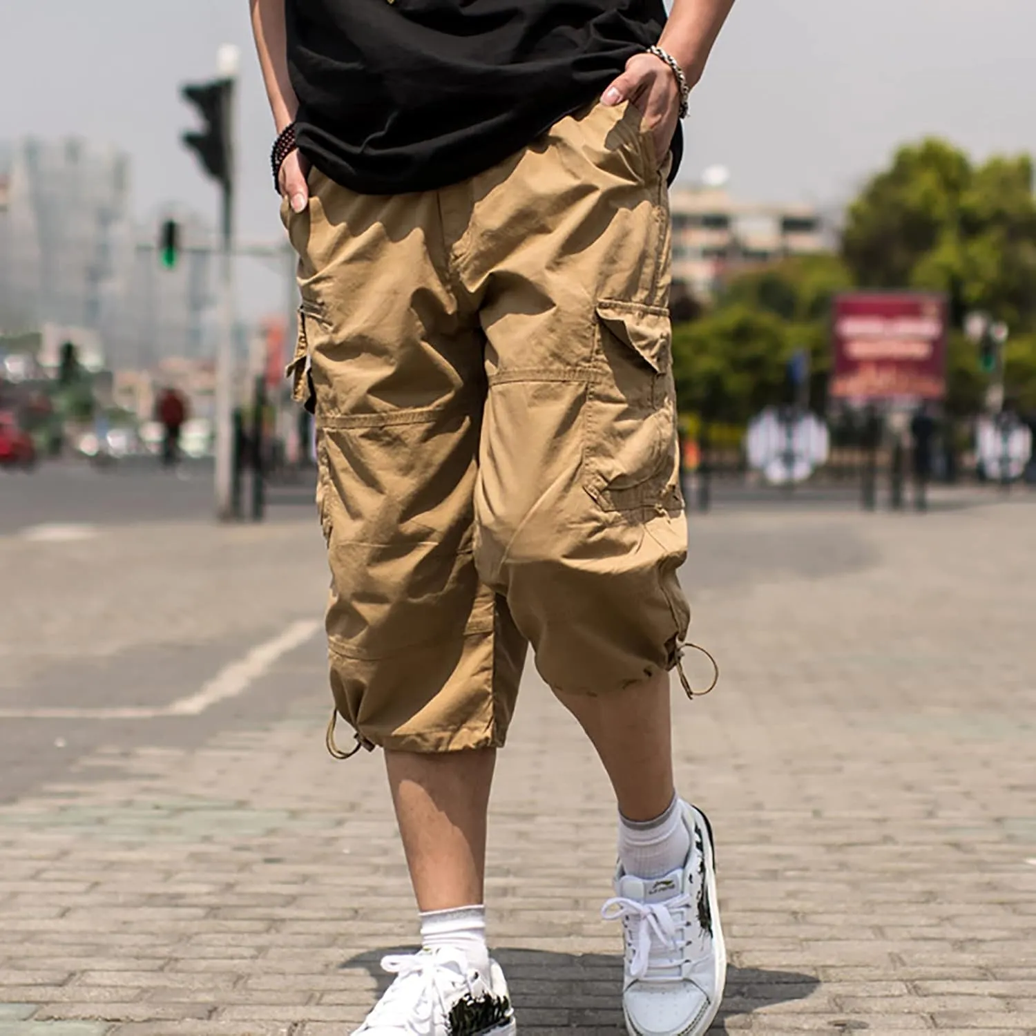 Men's Cotton Blend Shorts 3/4 Cargo Shorts with Multi Pockets Capri Pants for Men Below Knee Work Shorts for Men
