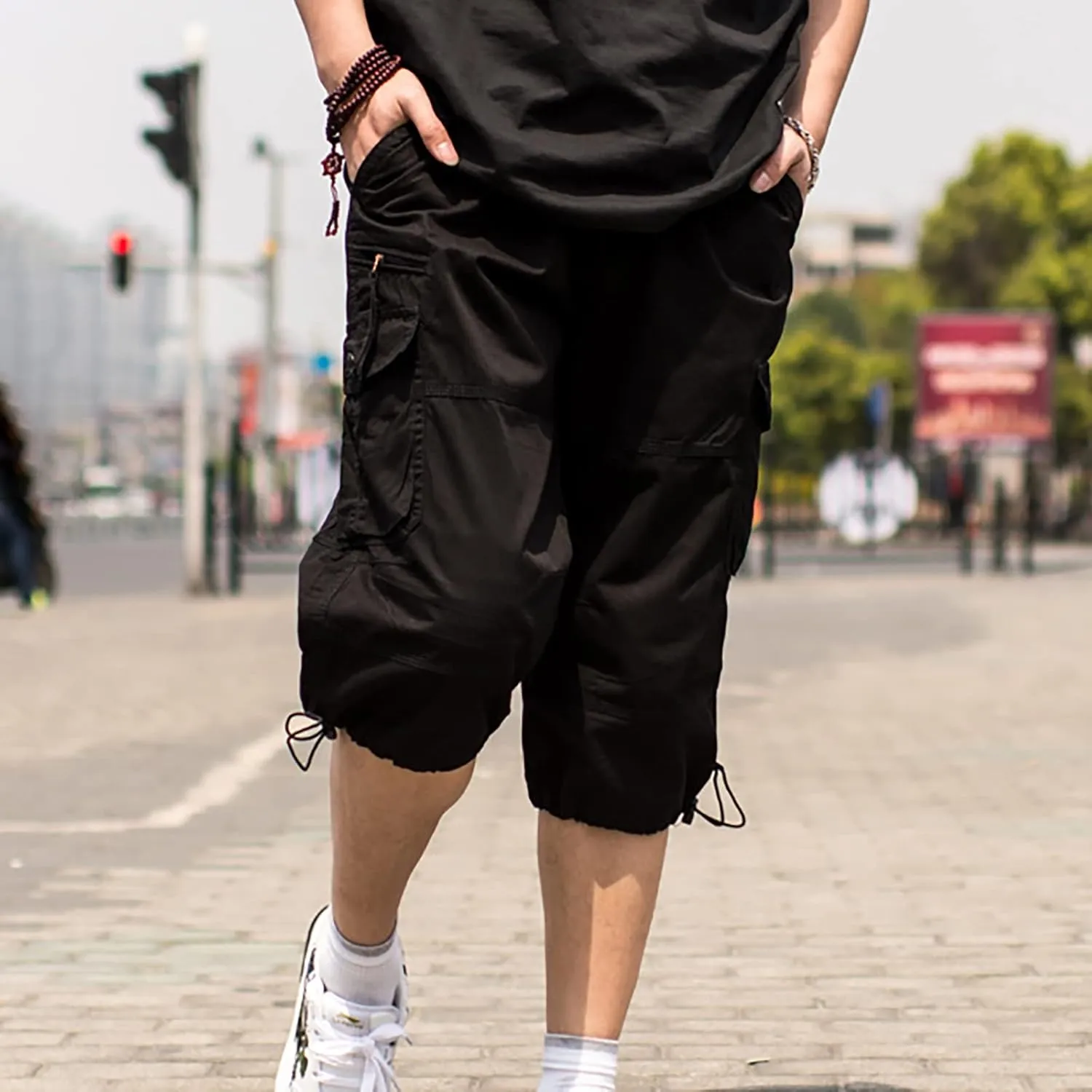 Men's Cotton Blend Shorts 3/4 Cargo Shorts with Multi Pockets Capri Pants for Men Below Knee Work Shorts for Men