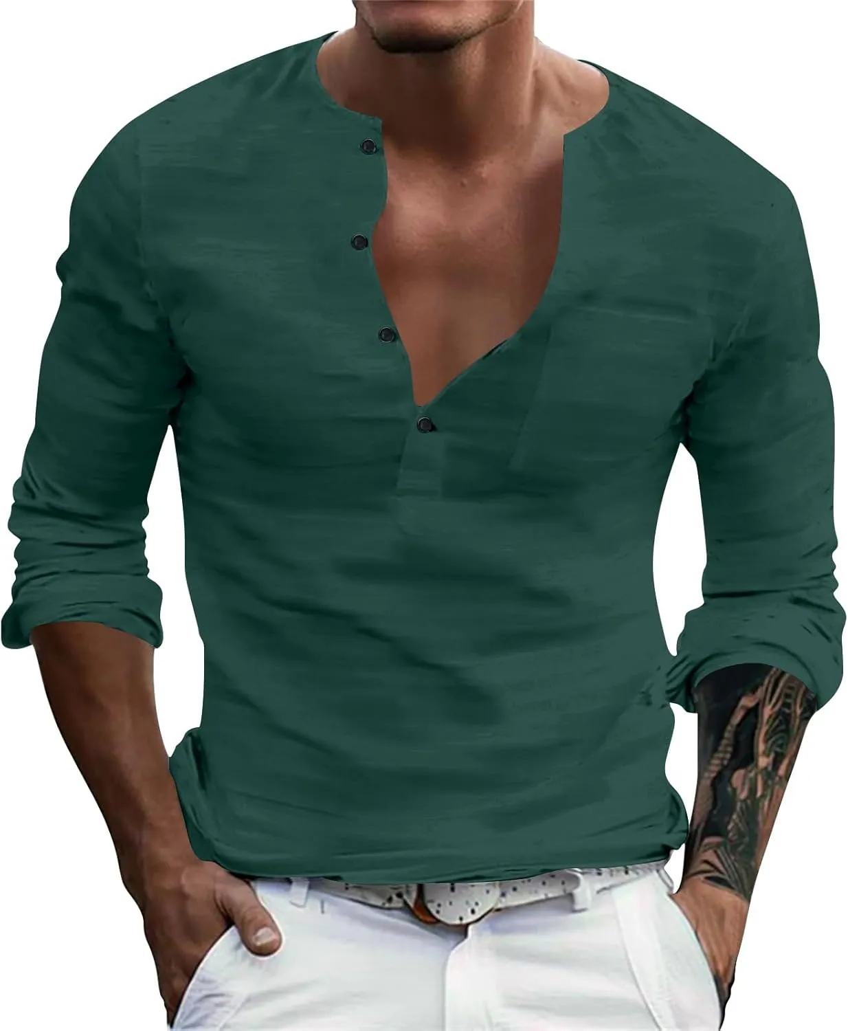 Men's Cotton Linen Henley T-Shirts Roll Up Long Sleeve Hippie Casual Beach Blouse Button Down Fashion Vacation Tops
