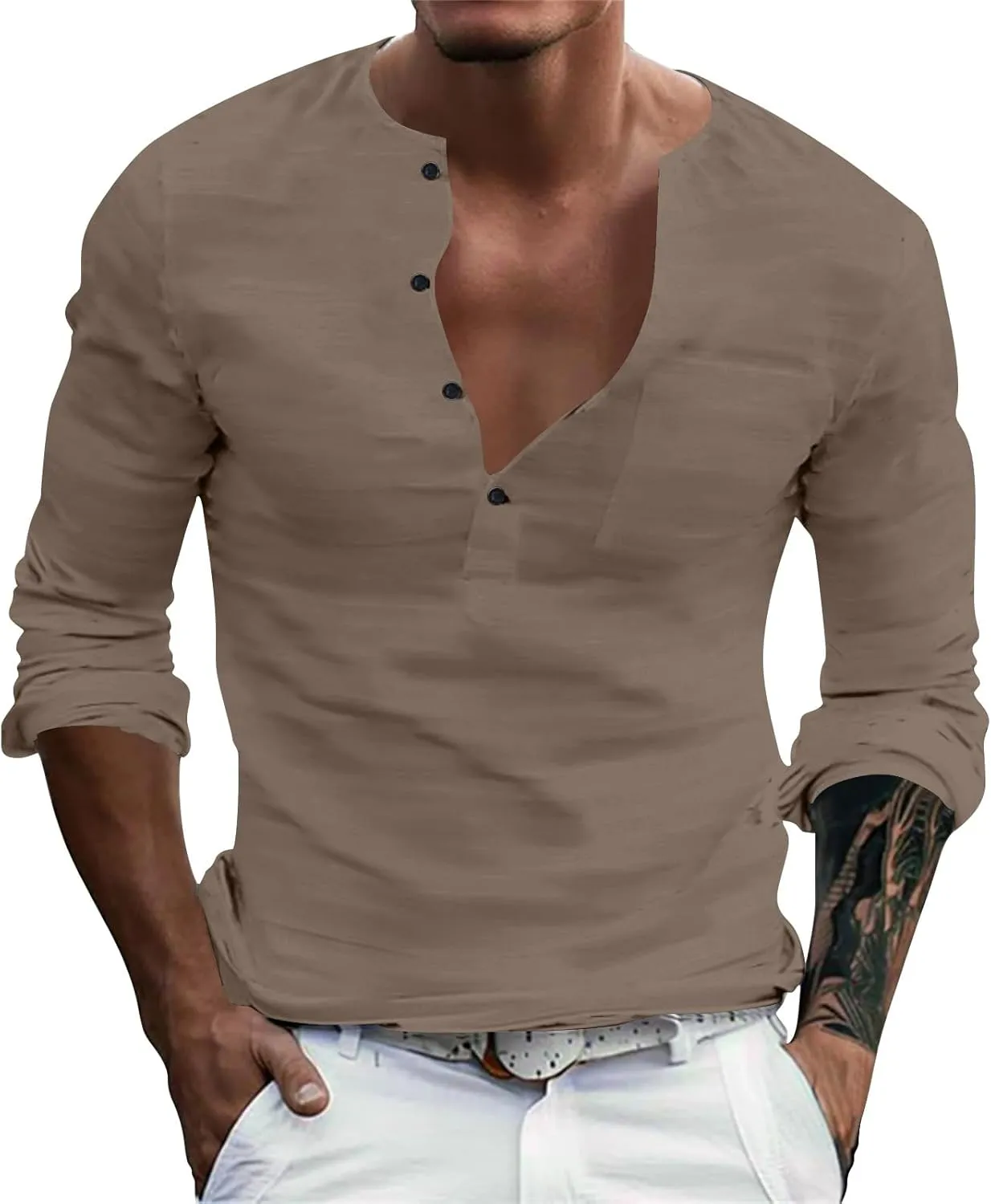 Men's Cotton Linen Henley T-Shirts Roll Up Long Sleeve Hippie Casual Beach Blouse Button Down Fashion Vacation Tops