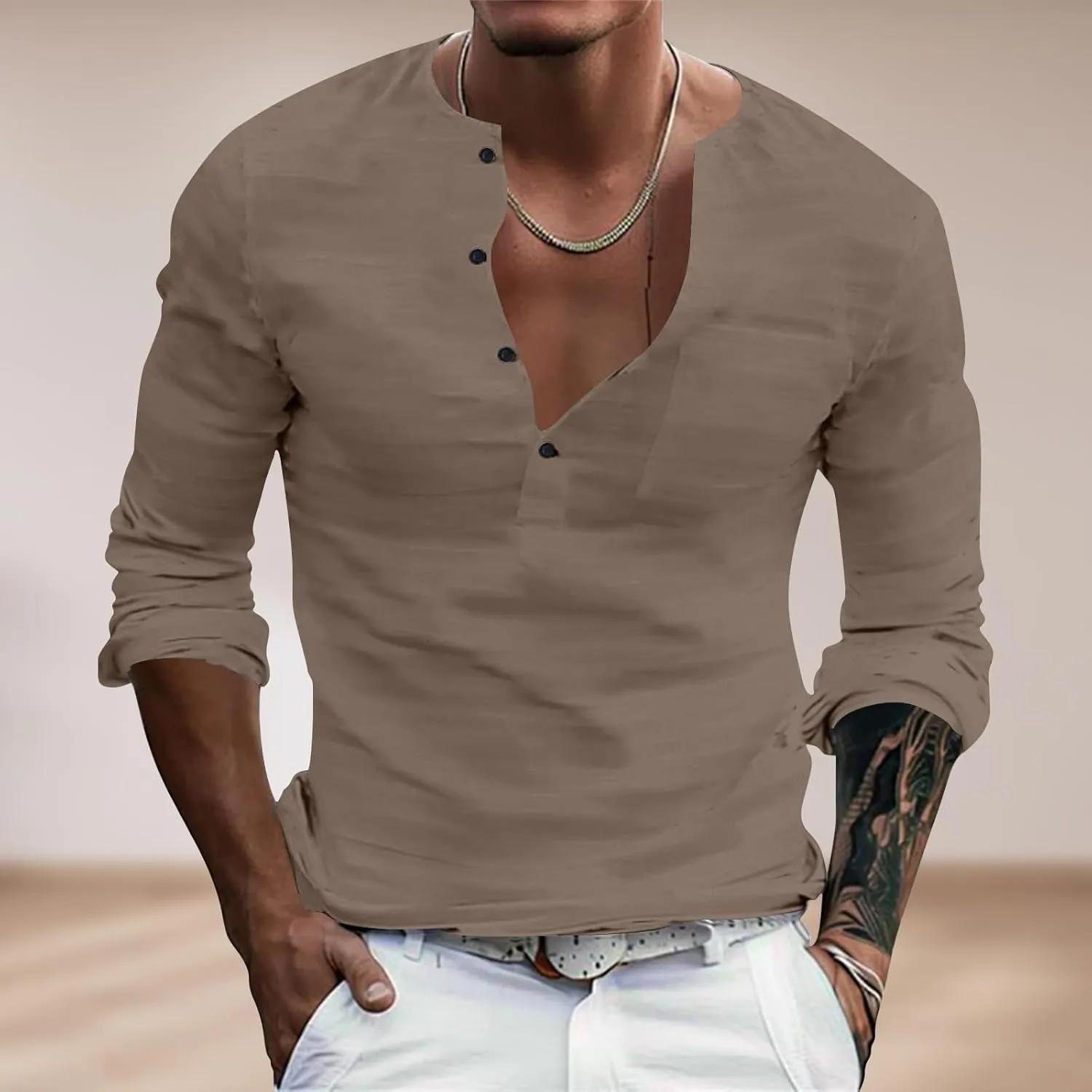 Men's Cotton Linen Henley T-Shirts Roll Up Long Sleeve Hippie Casual Beach Blouse Button Down Fashion Vacation Tops