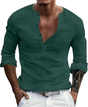 Men's Cotton Linen Henley T-Shirts Roll Up Long Sleeve Hippie Casual Beach Blouse Button Down Fashion Vacation Tops